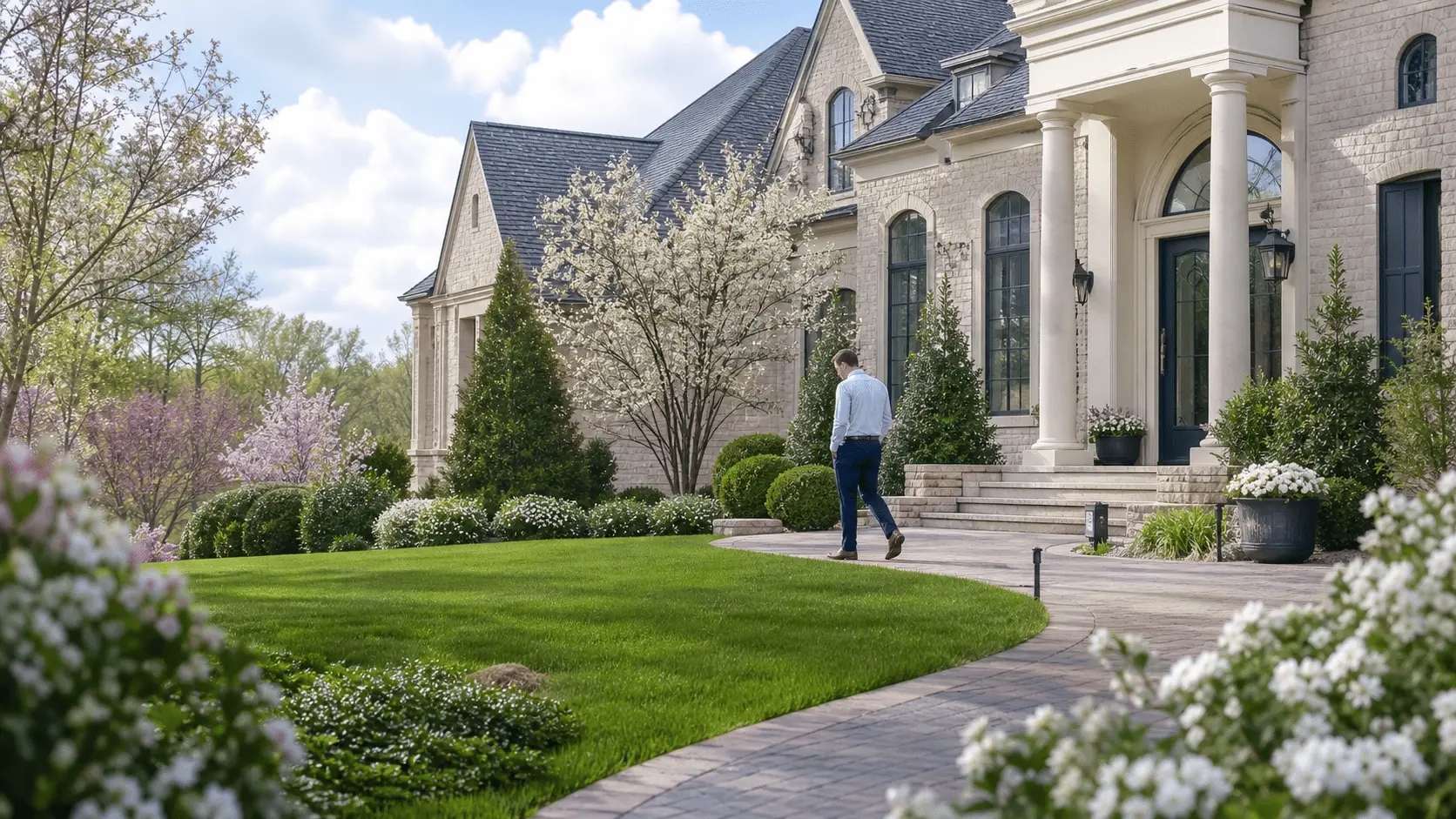 Homeowner walking outside a well-maintained house in springtime in College Station, illustrating seasonal pest prevention and outdoor home maintenance before termite, mosquito and fire ant activity increases